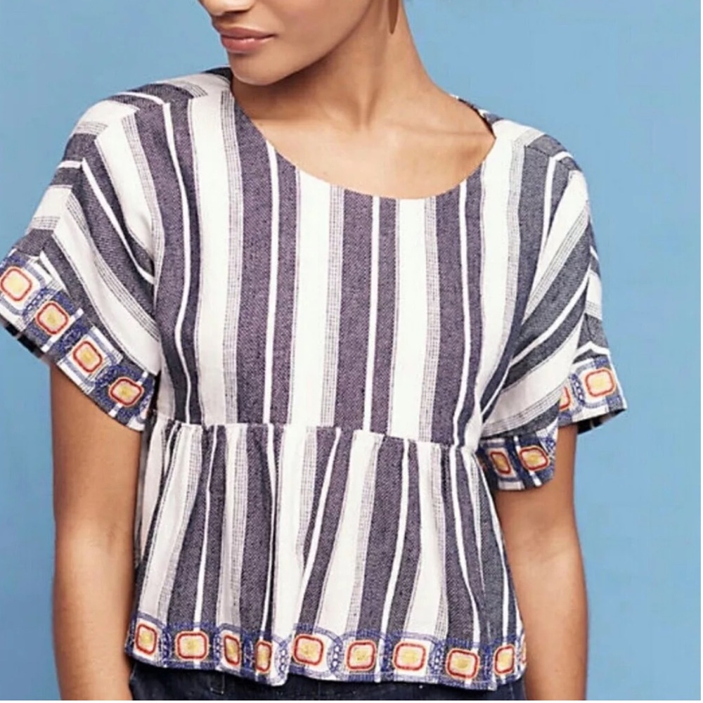 Maeve by Anthropologie Striped Embroidered Peplum Blouse